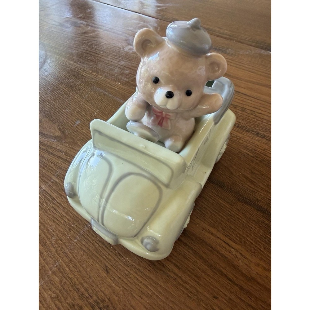 Vintage Simson Porcelain Bear Car Coin Bank Pastel Green Convertible Stopper